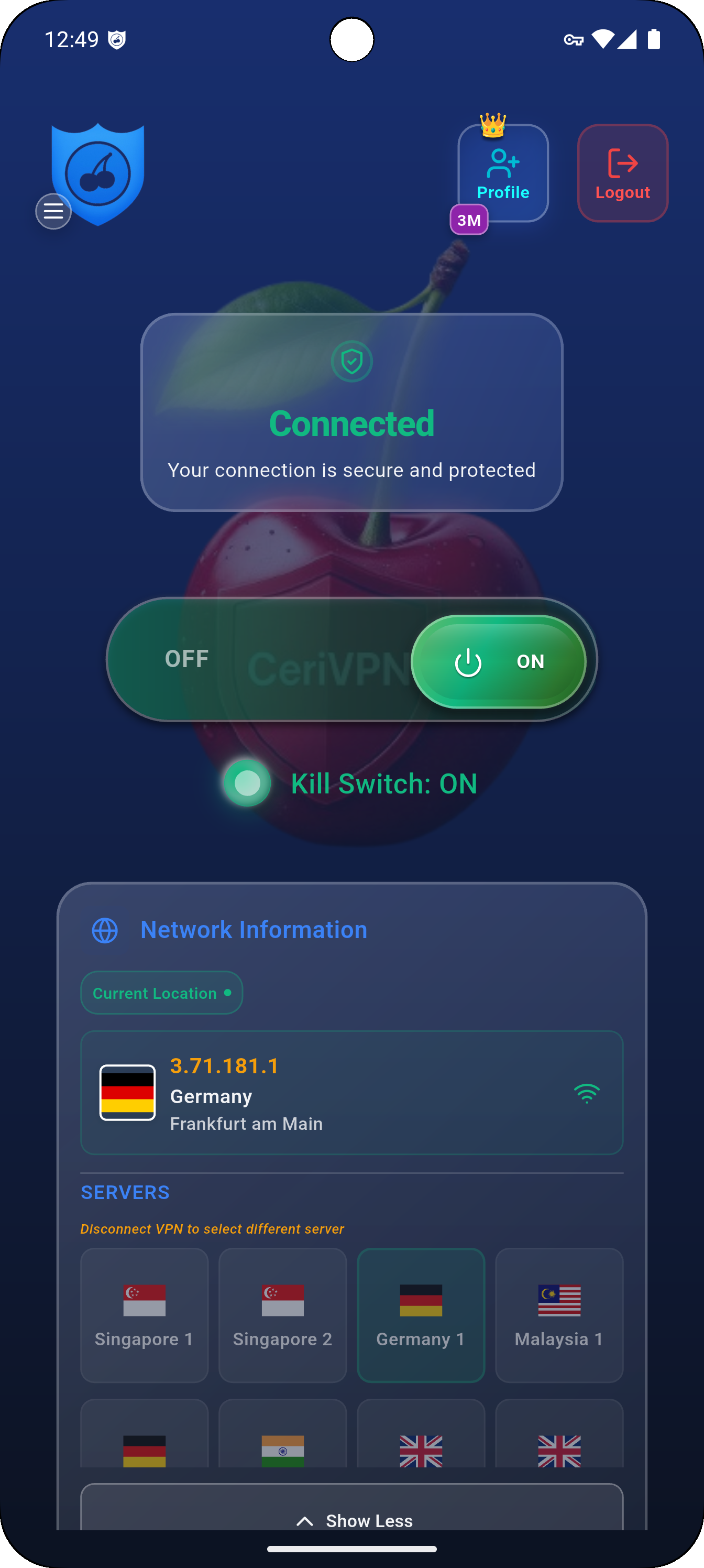 CeriVPN mobile app connected screen